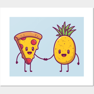 Cute Pizza Shaking Hands With Pineapple Cartoon Posters and Art